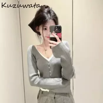 Кардиган Kuzuwata женский с V-образным вырезом, пикантный комплект из двух предметов, вязаный элегантный хлопковый джемпер в Японскую полоску