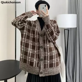 Кардиган женский в клетку оверсайз, вязаный плотный винтажный Свободный кардиган в Корейском стиле, длинный кардиган на пуговицах, топ для осени и зимы