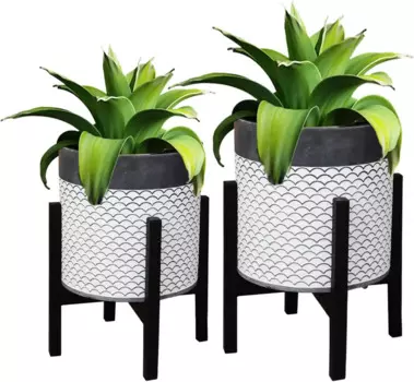Кашпо размером 10 и 12 дюймов с подставкой. Набор из 2 горшков для растений середины века. Современные цветочные горшки для дома с дренажными отверстиями.
