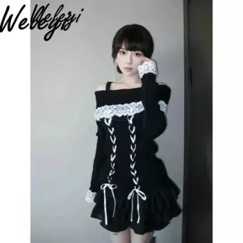 Kawaii Rojita вязаный костюм-свитер женский 2024, осенний универсальный комплект с бантом и кружевом с открытыми плечами, утолщенный свитер средней длины, юбка