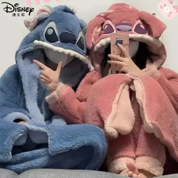 Kawaii Stitch Disney Халат с капюшоном ночная рубашка женская утолщенная теплая Милая Женская осенне-зимняя Коралловая флисовая повседневная одежда