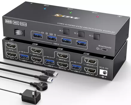 KCEVE KVM-переключатель, 2 монитора, 3 компьютера, двойной монитор KVM-переключатель HDMI для 3 компьютеров, совместное использование 2 дисплеев и 4 порта USB3.0, новинка 2024
