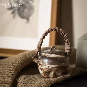 Керамический чайник с ручкой из ротанга, ручка с петлей, ручная работа, винтажный чайный чайник кунг-фу для чайной церемонии, чайный чайник