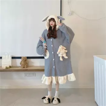 KIMOKOKM Милая Ночная рубашка для девочек Kawaii Кролик бантик-ушки с капюшоном коралловый флис утолщаются держать теплый полный рукав оборками пижамы платья