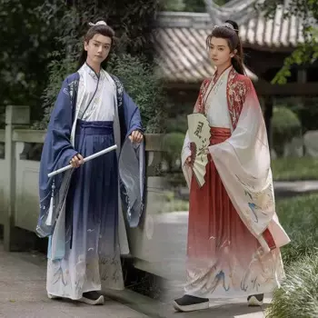 Китайский Hanfu Мужской Женский карнавальный старинный ученый костюм для косплея винтажный Hanfu градиентные синие и красные наборы для пар размера плюс 2XL