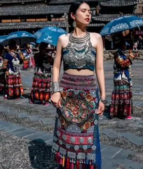 Китайское платье Miao, серебристое металлическое украшение, костюм Hmong, летний Этнический женский сценический костюм