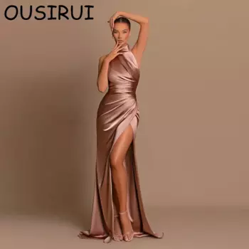 Классические атласные однотонные официальные платья OUSIRUI с высоким воротником и юбкой-годе, Вечерние Платья С Боковым Разрезом, открытой спиной для выпускного вечера