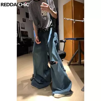 Комбинезон REDDACHiC мужской с широкими штанинами, рваный винтажный Синий Свободный Повседневный Комбинезон в стиле 90-х, широкая юбка-фигуристки, джинсовый комбинезон в стиле ретро, Y2k