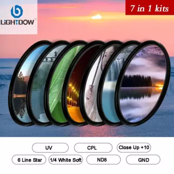 Комплект фильтров для объектива Lightdow 7 в 1, UV + CPL + Close Up 10 + белый мягкий + 6 линий Star 0,9 + Градуированный серый + ND 8 для Canon Nikon Sony Fuji