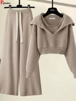 Комплект из 3 предметов в Корейском стиле, мягкий короткий пуловер и жилет, брюки с широкими штанинами и высокой талией, однотонный вязаный наряд на весну и осень