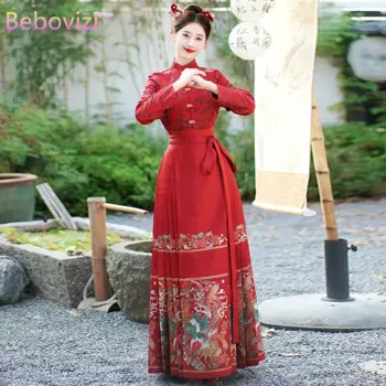 Комплект из двух предметов, китайский костюм, праздничная юбка Hanfu с принтом лошади, с длинным рукавом, воротником-стойкой, красная рубашка, костюмы для женщин, одежда