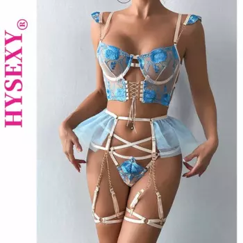 Комплект женского нижнего белья HYSEXY с подвязками, женский бюстгальтер с вышивкой, стринги, сексуальный костюм, комбинация, прозрачное Эротическое нижнее белье