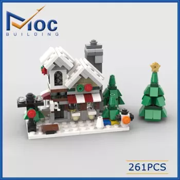 Конструктор MOC, миниатюрный зимний игрушечный магазин, уличный вид, технические кирпичи, Сборная модель «сделай сам», игрушки, Рождественский подарок