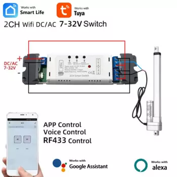 Контроллер двигателя электрического линейного привода Tuya Smart Wi-Fi, 2-канальный переключатель переменного тока 12 В 24 В 32 В постоянного тока, пульт дистанционного управления RF433, 2-канальный импульсный модуль реле