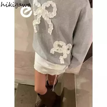 Корейские толстовки, женская одежда, Лоскутная кружевная Милая толстовка с бантом, Y2k, топы 2024, женская одежда, повседневные модные толстые толстовки 27u277