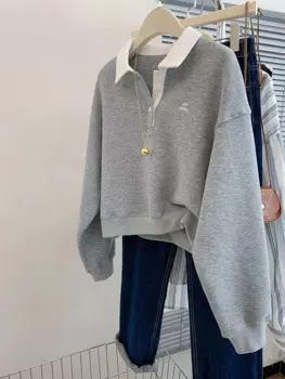 Корейский модный Серый Свободный Повседневный пуловер с длинным рукавом и отложным воротником