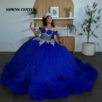 Королевское синее кружевное платье Quinceanera с аппликацией из бисера, 2024, с открытыми плечами и рюшами со шлейфом, Мексиканское бальное платье, вечернее платье по индивидуальному заказу