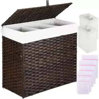 Корзина для белья с крышкой, большие корзины для белья 125L с 3 секциями и 2 отделениями, съемные вкладыши и 5 сетчатыми мешками для стирки