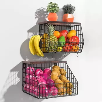 Корзина для фруктов с крючком, деревянная сетчатая складная корзина для хранения фруктов, овощей, закусок, настенная корзина для гостиной, кухни
