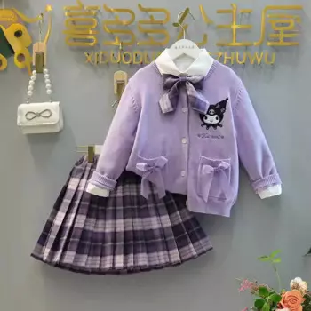 Костюм для девочек от Sanrio Jk, новинка весны 2024, свитер с длинным рукавом и мультяшным рисунком Kuromi, Детский Комплект из трех предметов