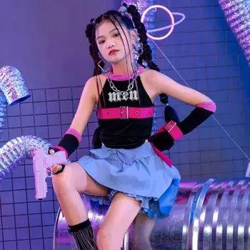 Костюм для джазовых танцев Kpop, Летняя Одежда для танцев в стиле хип-хоп, костюм для девочек для подиума, детская одежда для чирлидинга DL10641