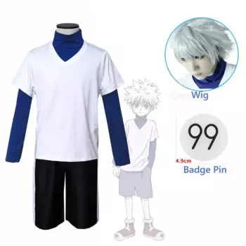 Костюм для косплея Hunter x Hunter Killua Zoldyck с номером 99 значок на Хэллоуин Рождество Вечеринка косплей костюм рубашка короткий белый парик