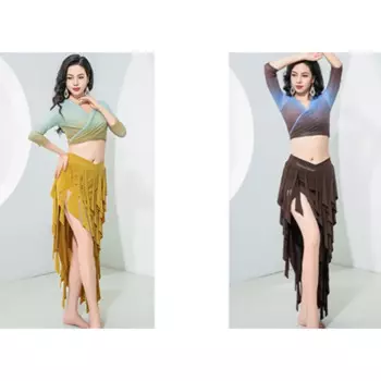 Костюм для танца живота, новый тренировочный костюм с топом с градиентными завязками и треугольной юбкой с бахромой