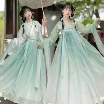 Костюм Ruqun с вышивкой на талии и перекрестным воротником, костюм Hanfu для студенток, с принтом на груди, весна и осень