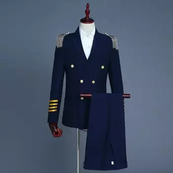 Костюм темно-синего капитана, солдатика Павана, Мужской Блейзер, костюм, военная походная куртка с бахромой, униформа для взрослых, пальто, брюки