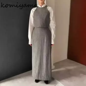 Костюм женский из 2 предметов, винтажный комплект из юбки на молнии, с круглым вырезом, без рукавов и с карманами, с завышенной талией, в японском стиле, Осень-зима