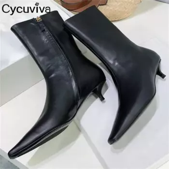 Кожаные ботильоны Cycuviva для женщин, зимняя обувь на низком каблуке с котенком, женские короткие ботинки для подиума, современные Botas Mujer 2024