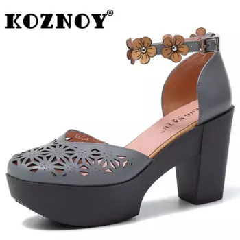 Koznoy/9,5 см этнические сандалии из натуральной кожи на платформе, летние женские мокасины на танкетке с цветочной аппликацией и пряжкой, модная обувь