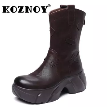 Koznoy/женские мокасины из коровьей кожи 6 см, ботильоны, весенние британские туфли на танкетке в этническом стиле на молнии на платформе, осенне-зимняя плюшевая обувь