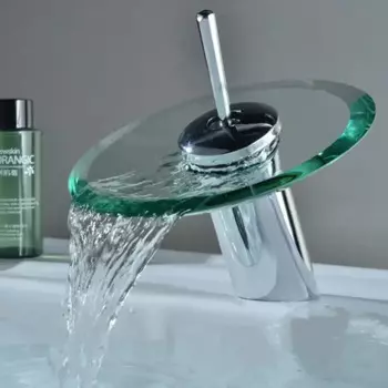 Кран для раковины в ванной со стеклянной каймой и водопадом, хромированный полированный стеклянный смеситель для ванной комнаты с водопроводной трубой, круглый смеситель