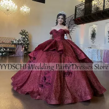 Красное Мексиканское платье Quinceanera 2024, корсет с рюшами, элегантное бальное платье ручной работы, вечерние платья с 3D цветком, роскошное блестящее розовое платье