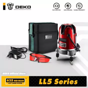 Красный лазерный уровень DEKO LL5 Series, 5 линий, 6 точек, Горизонтальная и вертикальная регулировка на 360 градусов, самонивелирующийся, повышенная видимость