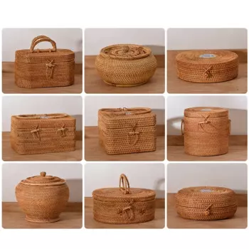 Круглая плетеная корзина из ротанга с крышкой, Плетеные Коробки для фруктов, декоративные крышки подносов, хранение всякой всячины, мини-органайзер для закусок