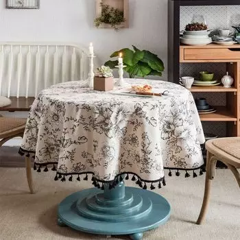 Скатерть круглая из хлопка и льна, Пыленепроницаемая круглая кухонная столовая скатерть с кисточками и цветочным рисунком, украшение для стола