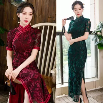 Кружевное длинное платье-Ципао Yourqipao в стиле старого Шанхая, женское осеннее приталенное зеленое платье-Ципао в стиле ретро, 2023