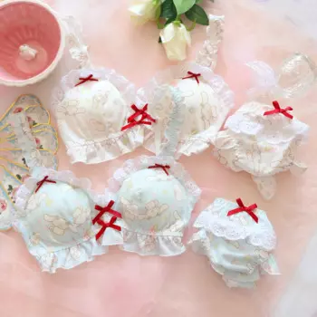 Кружевное нижнее белье Kawaii с вышивкой, бюстгальтер с трусиками, бюстгальтер пуш-ап, трусики, женские сексуальные Симпатичные Лолиты, Бралетт, брюки, комплекты, уличная одежда