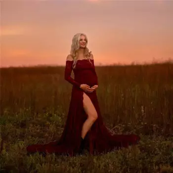 Кружевные платья для беременных без Плеч для фотосъемки с разрезом и длинным рукавом платье для беременных макси платья для детской фотосъемки
