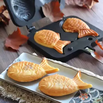 Кухонная японская вафельница Taiyaki в форме двойной рыбы, горячий десерт, форма для выпечки вафель в японском стиле, двойная сковорода, форма для вафель в сковороде