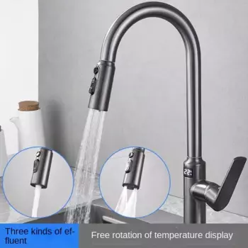 Кухонный смеситель с водяным покрытием, умный серый кран для холодной и горячей воды с цифровым дисплеем, выдвижная многофункциональная раковина для овощей