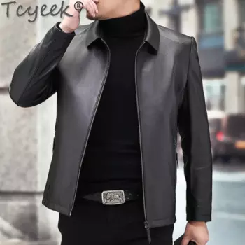 Куртка Tcyeek мужская из натуральной кожи, короткая мотоциклетная тонкая приталенная куртка из овечьей кожи, черная, на весну