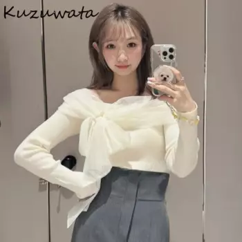 Kuzuwata, новинка 2024, милый два наряда, пуловер с бантом, шифоновый джемпер на шнуровке в стиле пэчворк, литературный джемпер, Япония Moda, свежий вязаный джемпер во французском стиле