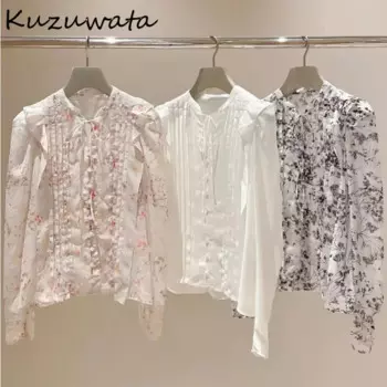 Kuzuwata, осенняя новая рубашка с воротником-стойкой и пышными рукавами и принтом, женская рубашка на шнуровке, свежий универсальный Blusas Japan Moda, укороченный топ с рюшами и рюшами