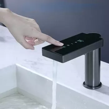 Латунный серый смеситель для горячей и холодной воды, кран с одним отверстием для крепления на раковину, для ванной комнаты, с датчиком температуры