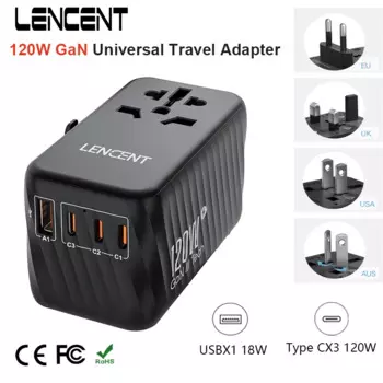 LENCENT 120 Вт GaN Универсальный адаптер для путешествий с 1 USB-A + 3 Type-C поддержка PPS ,PD3.0 быстрое зарядное устройство вилка EU/UK/USA/AUS для путешествий