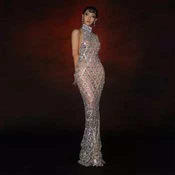 Летнее платье, блестящий кристалл, фестивальный костюм Drag Queen, сексуальные сценические наряды, вечернее платье для дня рождения, сетчатое длинное платье с кристаллами и блестками