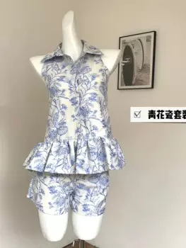 Летние женские старые деньги, китайские винтажные наряды Мори, комплект из 2 предметов, роскошный эстетический жилет + классические шорты с эластичной резинкой на талии